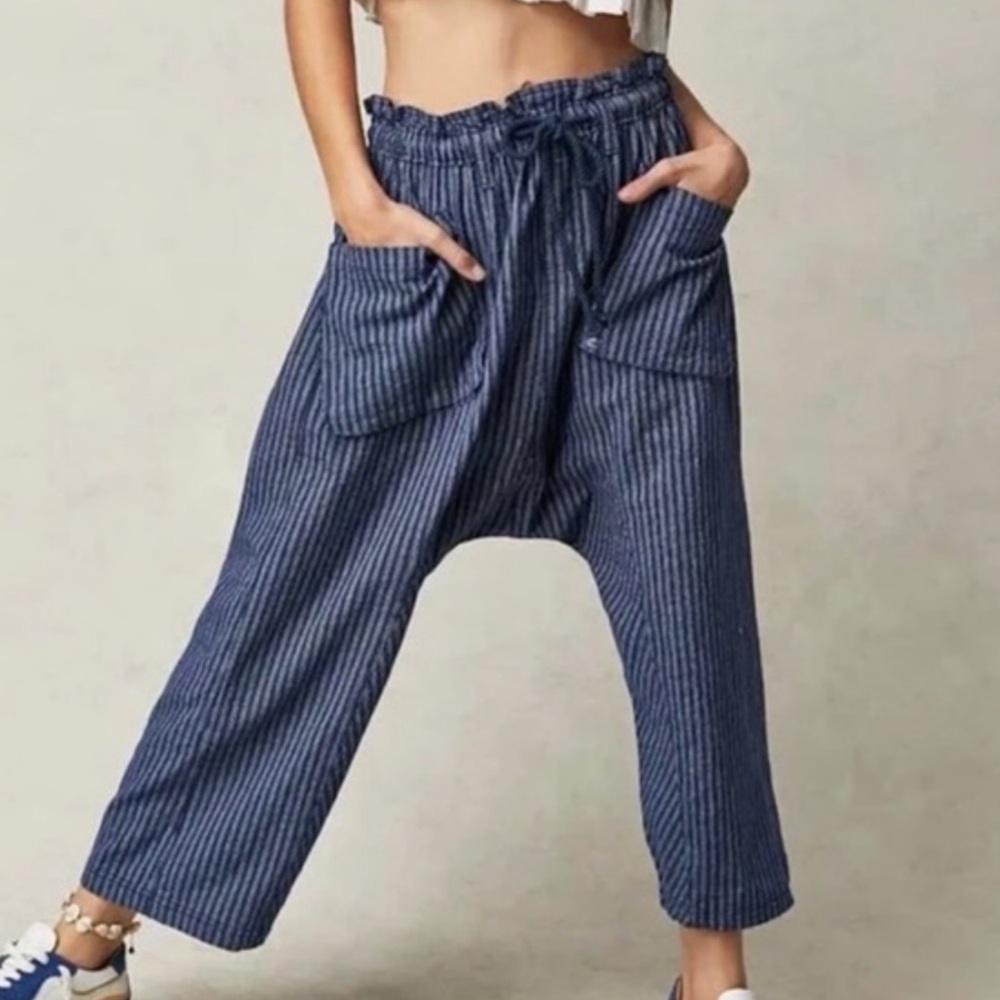 Free People Blue Striped Ankle Cropped Harem Pants